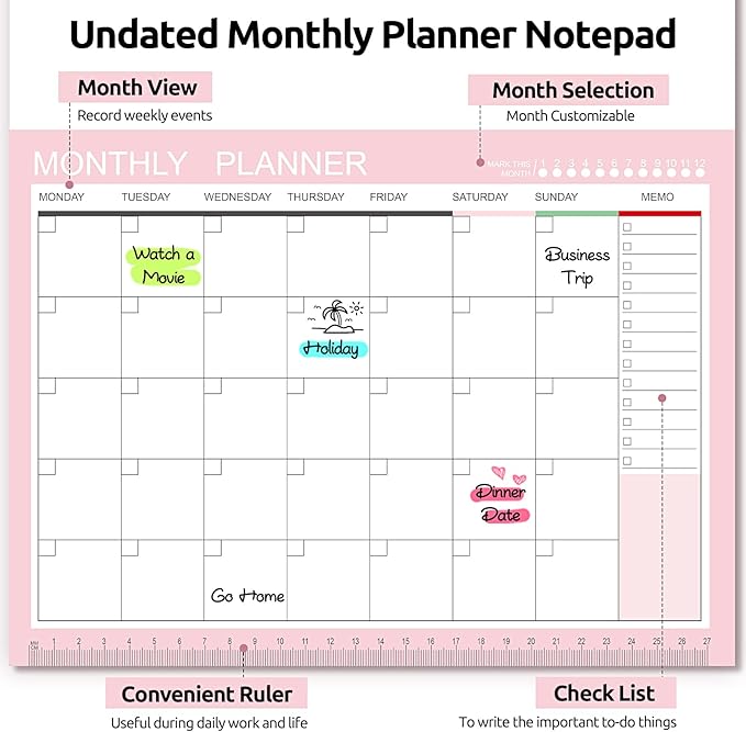 Phyxin Undated Planner, 54 Sheets Blank Calendar, 11.2" x 8.3" Monthly Calendar Planner, Tear Off Undated Monthly Planner with Memo for Women, Students, Teachers, Pink