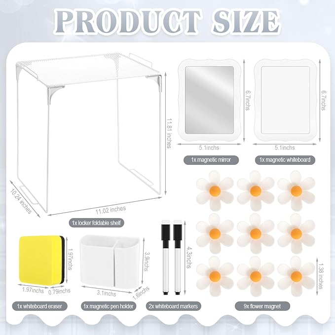 Colarr 16 Pcs White Locker Accessories for Girls Includes Magnetic Whiteboard & Mirror Locker Shelf Pen Holder 2 Dry Erase Marker & Eraser 9 Flowers for Back to School Essentials Decoration