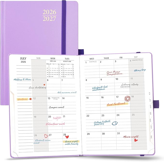 POPRUN Monthly Planner 2026-2027, 6.25" x 8.5", 18 Month (Jul 2026 - Dec 2027) Calendar Book, Academic Calendar Planner with Monthly Tabs, Inner Pocket, Hard Cover, 100GSM Paper - Violet