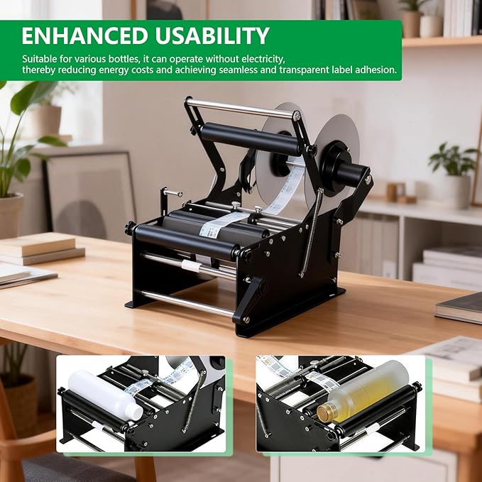 Manual Bottle Labeling Machine with Handle - Self-Adhesive Sticker Label Applicator 15-30 Bottles/Min, Adjustable for PET Plastic Glass Metal Bottles, for Wine, Beverage, Cosmetic Packaging