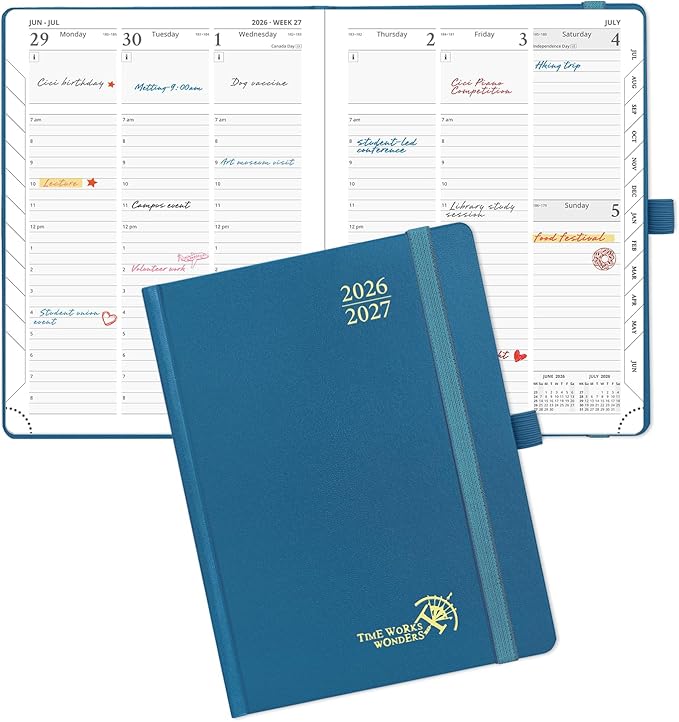 POPRUN 2026-2027 Academic Planner, 6.5" x 8.75", Weekly and Monthly Calendar, July 2026 to June 2027, Hardcover Appointment Book with Verital Layout, Hourly Time Slots, Monthly Tabs - Night Sky Blue