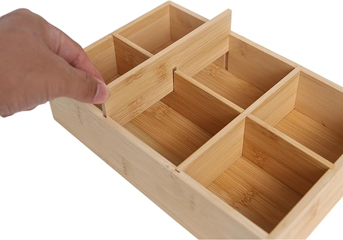 2 Pack Bamboo Desk Organizer with Adjustable Dividers, Modular Wooden Storage Trays for Tea Bags, Snacks, Makeup Office Supplies Drawer Organizer Set for Home & Kitchen