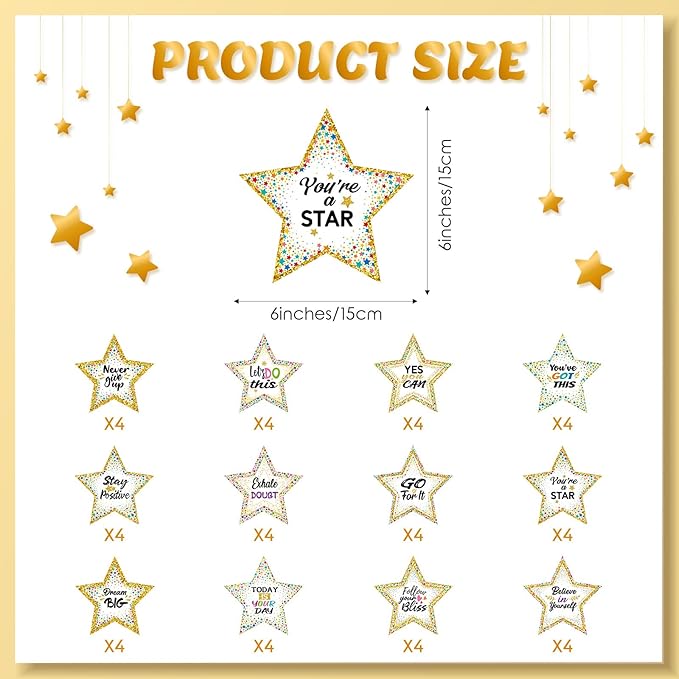 Pajean 48 Pcs Star Positive Bulletin Board Decoration Cutout Affirmation Station Classroom Bulletin Board 6 Inch Inspirational Classroom Decor Double Sided for Teacher Student Back to School(Confetti)