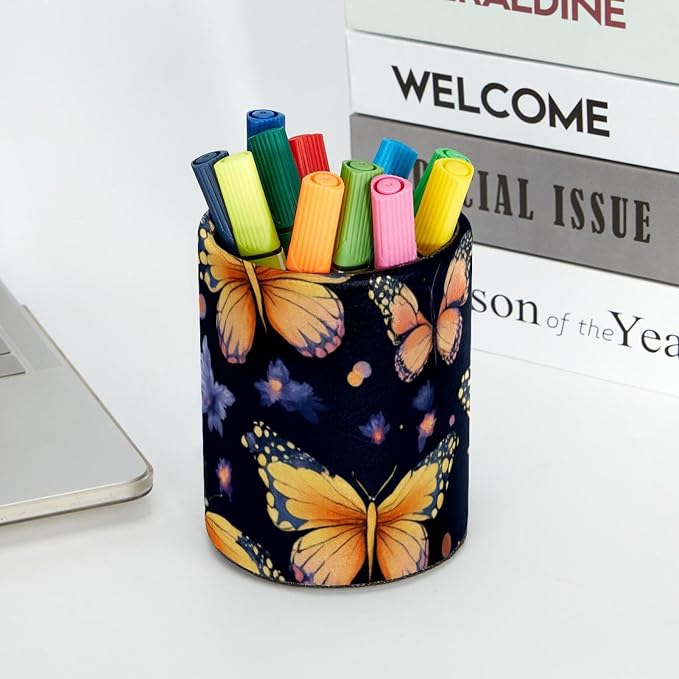 Seamless Butterflies Pattern Pen Pencil Holder for Desk, Large Round Pen Pencil Cup, Decorative Desk Stationery Organizer for Home, Office, Classroom