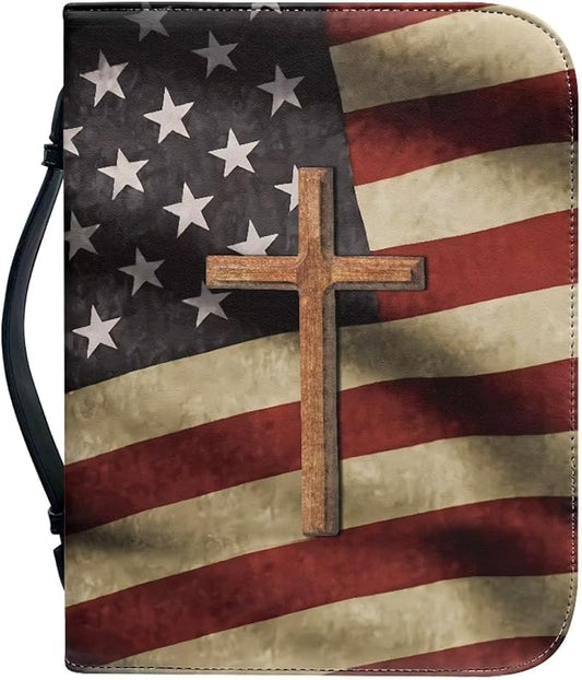 Cross American Flag Bible Covers for Women Easy to Store Bible Organizer Bag for Man with Zipper and Handle Case Large Size Bible Protector
