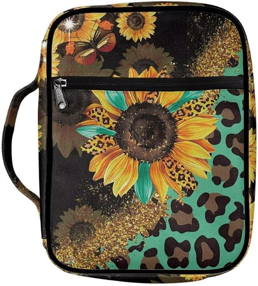 Coldinair Leopard Print Bible Covers for Women Sunflower Carrying Book Bible Case Church Bag Bible Protective with Handle & Zippered Pocket