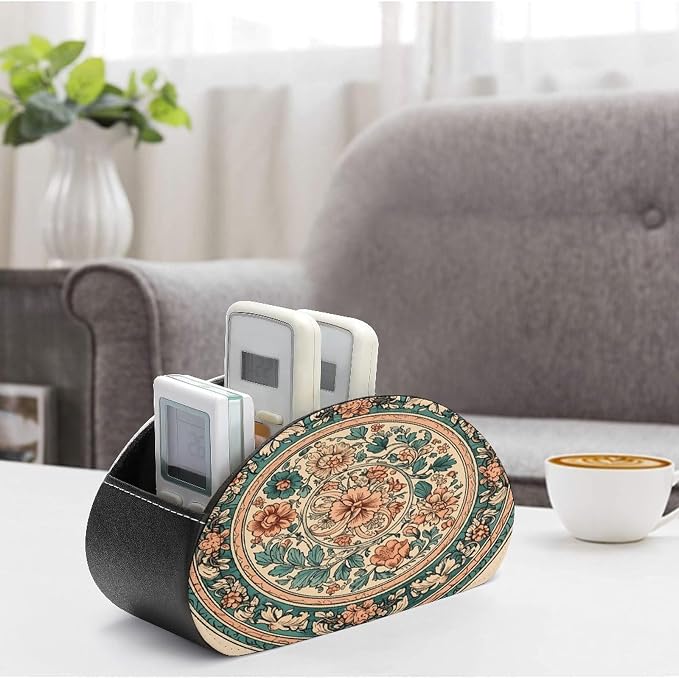 Remote Control Holder,Circular Pattern Printed PU Leather Remote Caddy Desktop Organizer with 5 Compartments for Media Accessories & Office Supplies Storage
