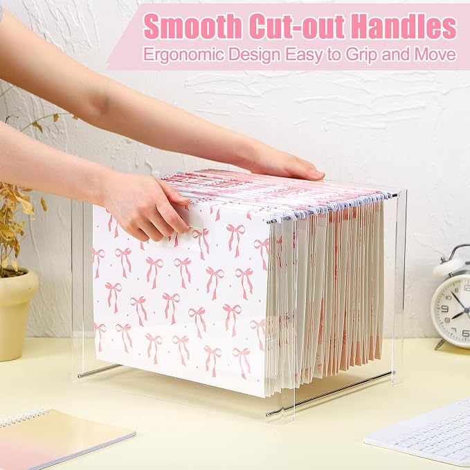 Dispowreath 24 Hanging File Folder with Acrylic Organizer for Letter/a4 Size Desktop Clear File Storage Box with Handles for Home Work Office Use(Pink,Bow)