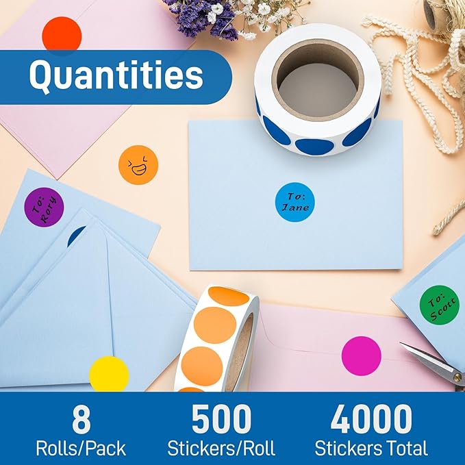 4000 Pcs 3/4 Inch Colored Dot Stickers for Toddlers, 8 Rolls Round Color Coding Labels for Classroom, Teacher, Student, Kids, Garage Sale Pricing & Home Organization