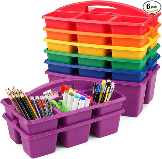 gisgfim 6 Pack Plastic Classroom Caddy with 6-Compartments Plastic Storage Caddies with Handle 6 Compartments Table Caddy Organizer Versatile Table Caddies for Classroom Office Storage, Rainbow Color