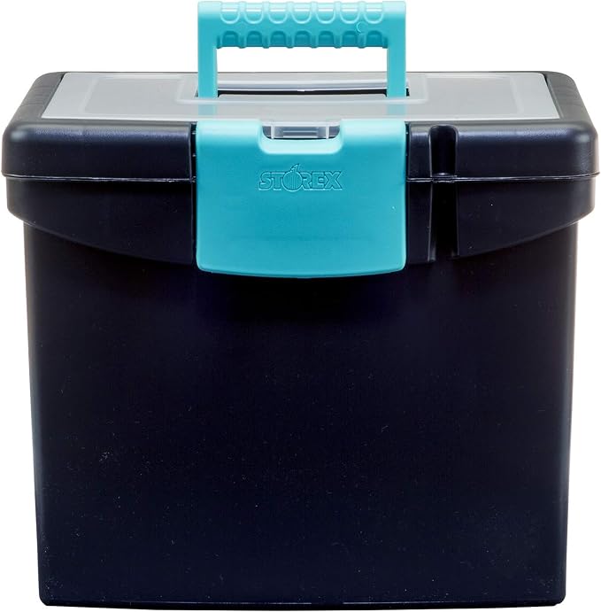 Storex Portable File Box, with Lockable XL Supply Storage Lid and Carry Handle, Black/Teal, 10.9 x 11 x 13.25 Inches, 2-Pack (61414B02C)