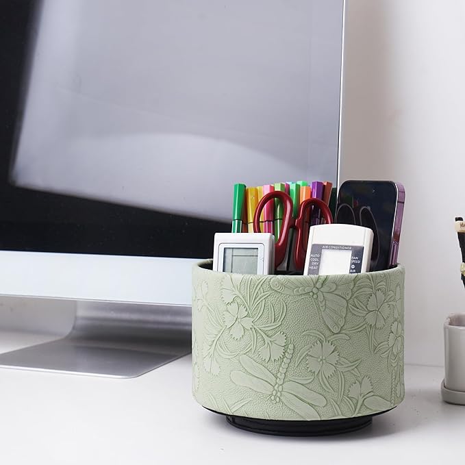 Round Leather Art Supply Organizer,Remote Control Holder,360-degree Rotating Pen Organizer with 4 Compartments(1-Butterfly Green2)