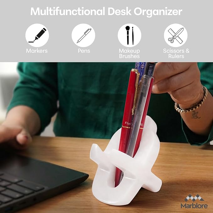 Marble Cell Phone Stand Holder White Desk Organizer for Office & Home, 4” Decorative Pencil Holder, Makeup Brush Organizer And Desk Decor, Ideal Gift for Women Day