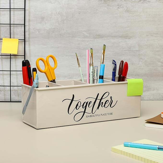 dudki Desk organizer with 4 compartments for office table | stylish Metal Desk Organizer | Stationary Storage | Pencil Holder for Office, Home, and Study Table (Together) Beige