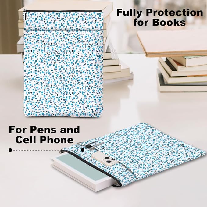 Book Sleeve Book Lovers Gifts Waterproof Books Pouch Protector Cover Reading Accessories Gifts for Women Girls Bookworm Teacher Reader Librarian Birthday Graduation Christmas, Aesthetic Blue Floral