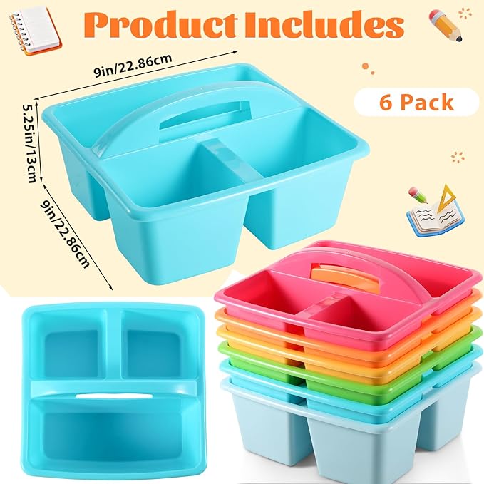 6 Pack 3 Compartment Small Caddy Plastic Classroom Organizer with Handle Portable Teacher Supply Storage Caddy Craft Art Caddies for Pencil, Crayon, Marker, Home, Office, School Supplies(Multicolored)