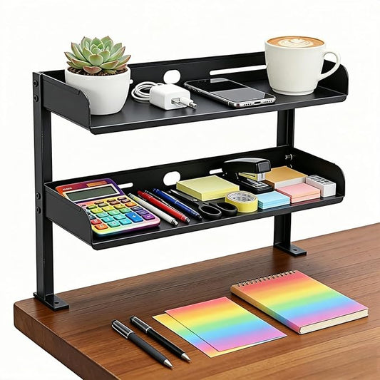 CanKing Desk Clamp Shelf 15 Inch Metal Organizer 2 Tier Adjustable Storage Rack Fits on or Under Table for Desktop Accessories Tray