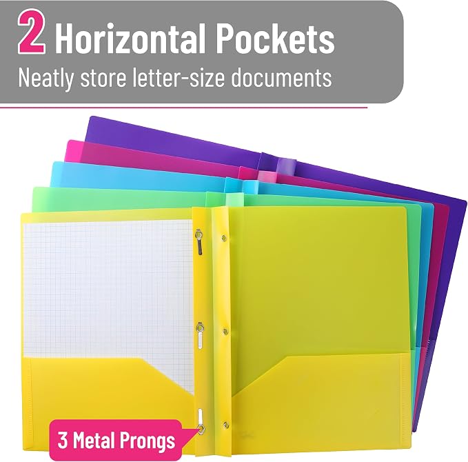 Mr. Pen- Plastic Folders with Pockets and Prongs, 5 Pack, Letter Size, Flexible Plastic Folders with Prongs