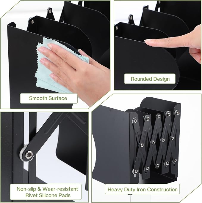 2PCS Heavy Duty Metal Bookends, Adjustable Book Organizer for Shelves & Desk with Non-Slip Pads, 3 Compartments, Extends up to 19 inches, Office & Home Use (Black)
