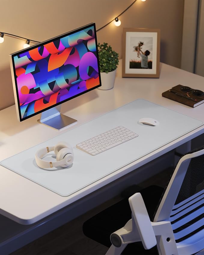 AFIING Desk Pad Protector 23.6" x 13.7" - Non-Slip Waterproof PU Leather Desk Mat for Mouse, Keyboard, Laptop, Office and Home Workspace (Ivory White)