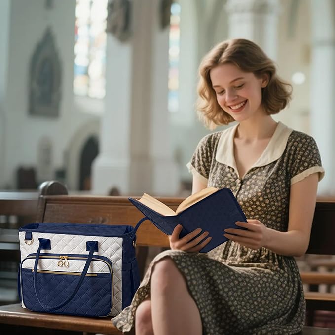 Large Bible Bag with Bible Cover Case for Women,Color-Blocking Bible Carrying Case,Church Tote Bag with Shoulder Strap for Bible Study Supplies,Christian Gifts for Women（Blue）