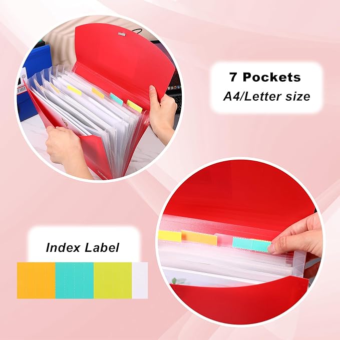 4 Pack 7-Pocket Plastic Accordion File Organizer, Expanding File Folder Expandable Document Holder with Index Tabs, A4|Letter Size for Office School Home Travel Supplies, 4 Colors