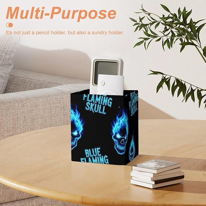 Holder Cup Makeup Brush Storage Organizer, Waterproof Multifunctional Office Supplies, Pen Holder Square Leather Pencil Blue Flaming Fire Skull