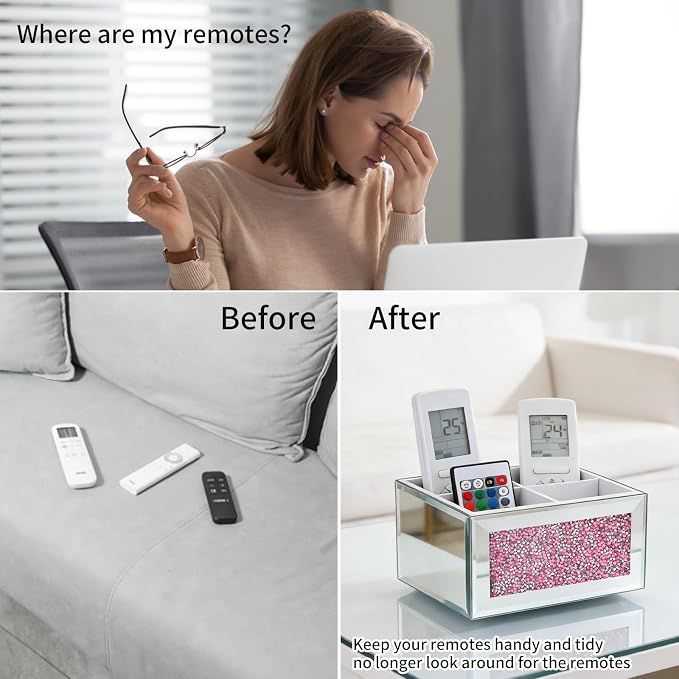 Pink 360 Rotating Remote Control Holder, Crushed Diamond TV Remote Controller Holder for Table, Desk Organizer for Pens and Pencils, Make Up Brushes, Remote Caddy Storage