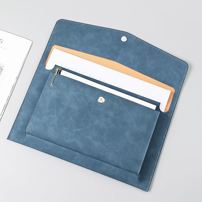 PU Leather A4 File Folder Document Holder with 2 Compartments Envelope Folder Case with Snap Closure for Receipt Contract (Blue)