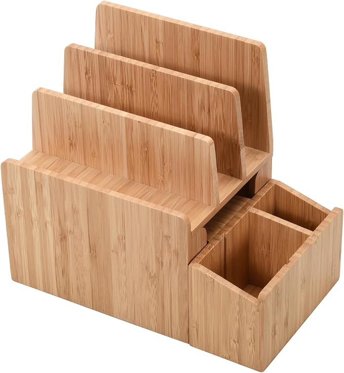 MobileVision Bamboo Office Organizer Complete Set INCLUDES: Charging Station, Pencil & Pen Holder w/Tray for Notepads, Drawer for Office Supplies & Stationary