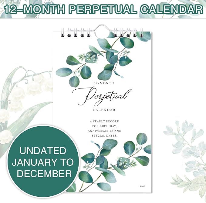 Perpetual Calendar - 12-Month Undated Calendar from Jan. to Dec., 6'' X10'' Perpetual Calendar with 2 Lines Per Days, Reminding Anniversaries, Birthdays, Festivals, Birthday Reminder Book with Thick Paper - Green Leaves