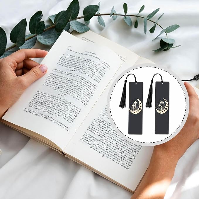 Mushrooms Bookmarks 5 Pcs Cosmic Moon Mystical Black Wooden Bookmark with Tassels for Reading Book Lovers Gift Office School Readers Teacher