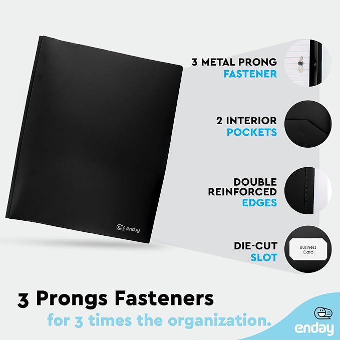 Plastic Folders with Pockets and Prongs Black, Two Pocket Folder with Brads, 3 Prong Folders with Pockets for Letter Size Sheets (6 Pack) - By Enday