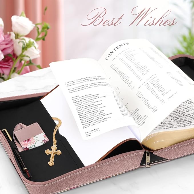 FINPAC Large Classic Bible Cover Vegan Leather Carrying Book Case Church Bag Bible Protective with Handle, Gift for Women, Mother, Friends, Rose Garden