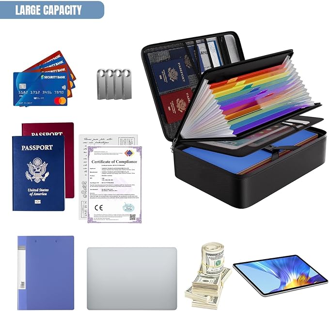 Fireproof Document Box with Lock, 5200°F Heat Insulated & Water-Resistant File Organizer, Portable Soft-Shell Storage Box for Important Documents, Passports, 14" Laptop (14.7"x11.2"x5.3")