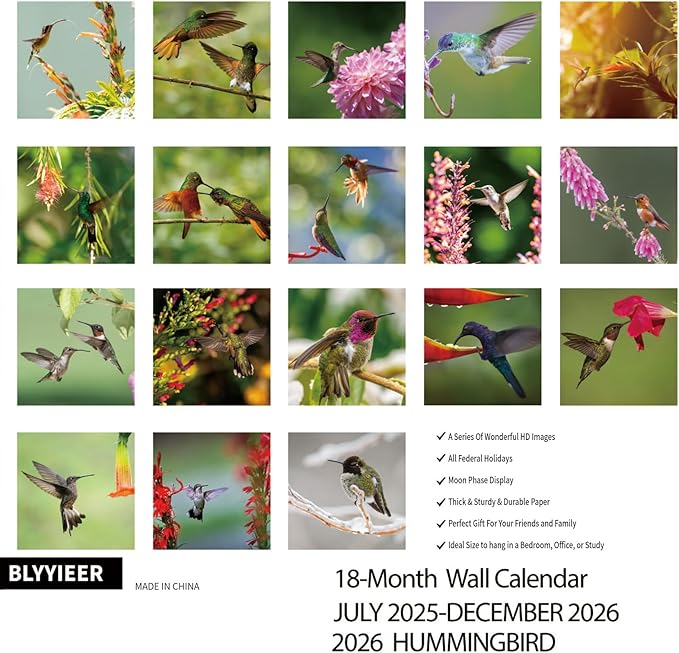 2025-2026 Wall Calendar Hummingbird | 18 Monthly Hangable Hummingbird Calendars | 12" x 24" (Open) | Thick & Sturdy Paper for Organizing & Planning | Home and Office | Hummingbird