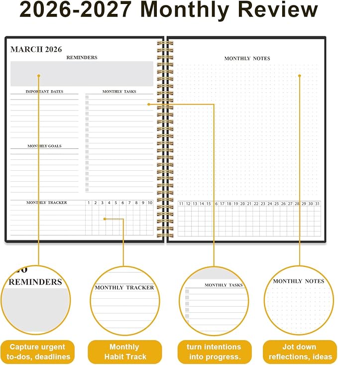 Monthly Planner 2026-2027 – Monthly Calendar from Julyl 2026 to December 2027, 18 Month Planner with Spiral Binding, Inner Pocket, Elastic Closure, 8.5" x 11", Black