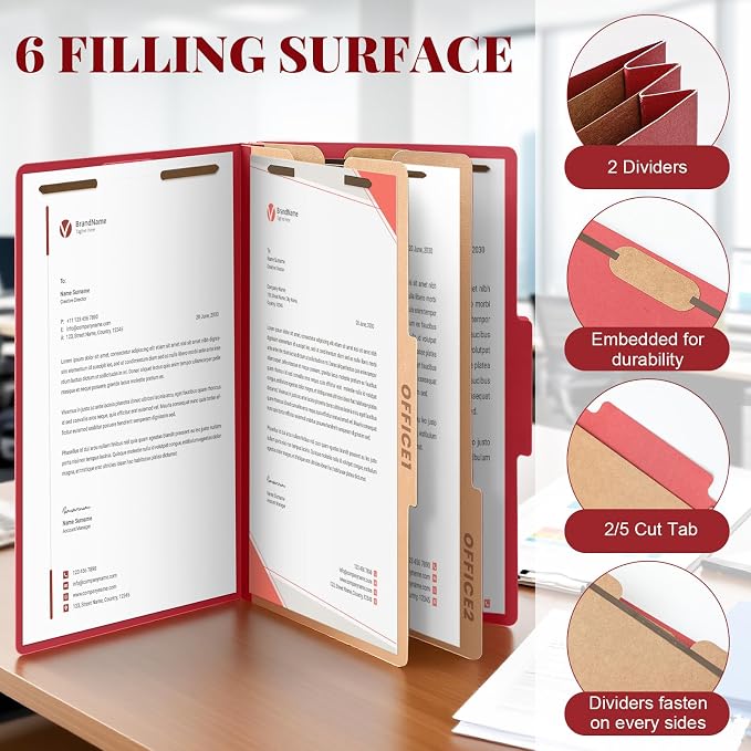 AmazingSpark 12 Pcs Legal Size Classification Folders Bulk 2 Divider Pressboard File Folder with Expansion 2 Prongs Fastener Heavy Duty Office File Organizer for School Hospitals Home(Dark Red)