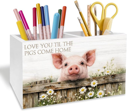 Farmhouse Daisy Floral Pig Pen Holder for Desk, Pig Lover Gifts Pencil Organizer, Love You Til the Pigs Come Home Wooden Box Sign Desk Decor for Kids Girls Room Nursery Decoration