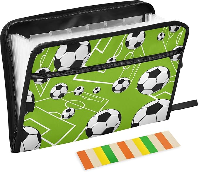 Cute Soccer Balls File Folders, Plastic Folders with 13 Pockets, Expandable File Folder for Documents School Students Office, Aesthetic Folder with Labels A4 Letter Size