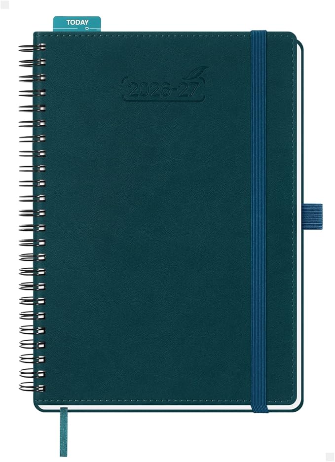 BEZEND Weekly Planner 2026-2027 (6" x 8.5") with Hourly Timeslots (Jul 26-Dec 27) 18 Months Academic Calendar & Monthly Tabs, for Students, Work & Home, Spiral PU Leather Softcover -Dark Green