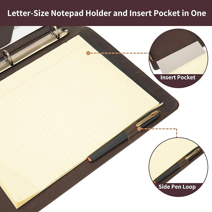 Genuine Leather 3 Ring Binder, 8.5 x 11 Letter Size Folio with Pen Holder, Soft Notebook Portfolio Cover, Slim Notepad Padfolio Thin File Organizer for Work Executive Meeting, Dark Khaki