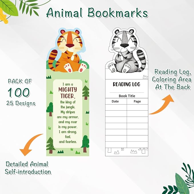 WSICSE 100 Pcs Bookmarks for Kids, 25 Fun Animal Facts Double-Sided Book Marks for Reading Classroom Rewards Student Incentives Back to School Gifts