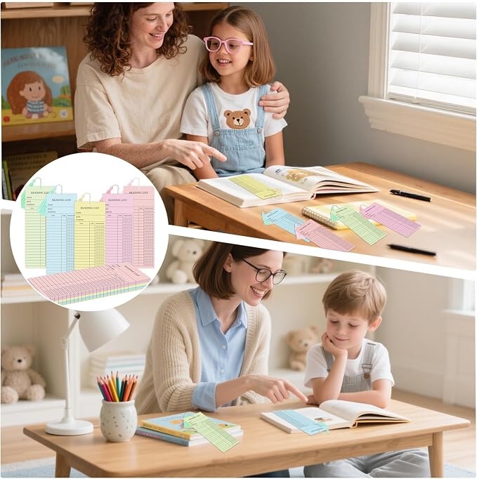 50 Pcs 5 Color Reading List Bookmarks with 10 Bookmark Tassels 3x8 Inch Bulk Reading Log Book Tracker Bookmarks for Book Lovers, Students, Teachers (Pastel)