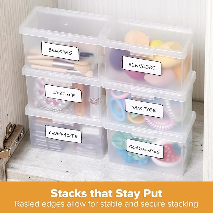 Bostitch Konnect Storage Containers with Lids, Office Organizer, Clear Plastic Box, Stackable for Index Cards, Labels, 1 Qt, 6 Pack