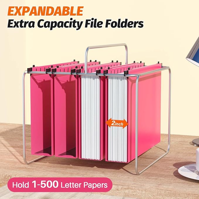 Shutex Extra Capacity Plastic Hanging File Folders,12 Pack Reinforced Hang Folders,Heavy Duty 2 Inch Expansion,Plastic Filing Cabinet Folders,Letter Size,Designed for Bulk Files, Medical Charts,Pink