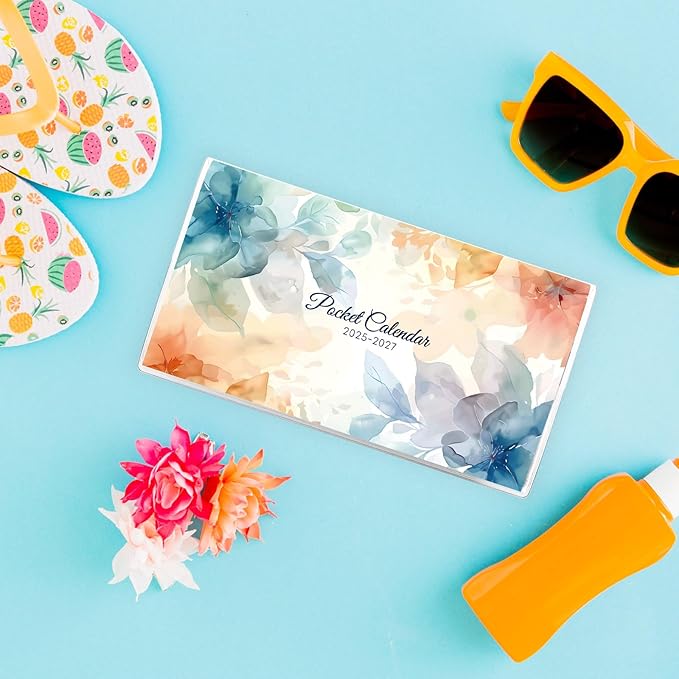 SKYDUE Pocket Calendar 2026-2027 for Purse 6.5" x 3.5", 2026-2027 Pocket Planner 24 Months with Soft Waterproof Cover, Watercolor Floral
