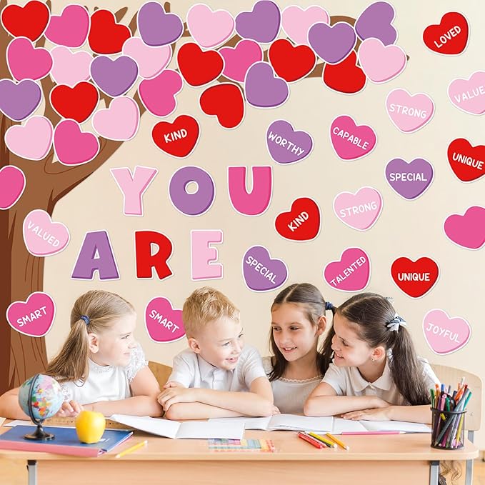 JarThenaAMCS 61Pcs Valentine Classroom Tree Bulletin Board Decorations Red Pink Purple Conversation Heart Cutouts for Classroom School Office Chalkboard Wall Decor