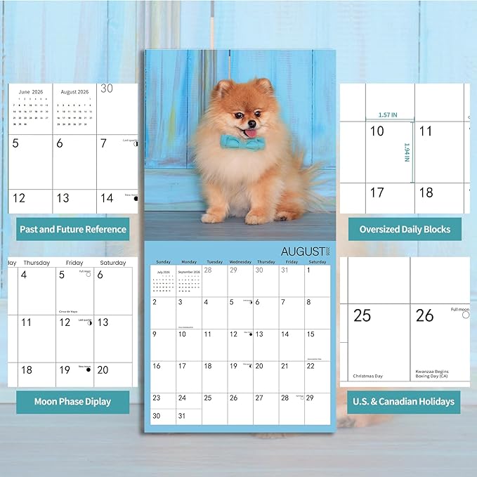 2025-2026 Wall Calendar,Pomeranian Wall Calendar, 12" x 24" Open,Family Planner Calendar Organizer with Pomeranian Images, for Dogs Lovers