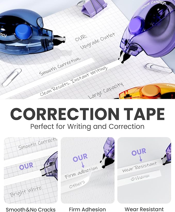 Four Candies Silent Correction Tape, White Correction Tape 6 Pack, 26.2ft, Ergonomic Easy-to-Use Applicator, Fast Clean Instant Corrections, Smooth High-Opacity Tear-Resistant Office & School Supplies